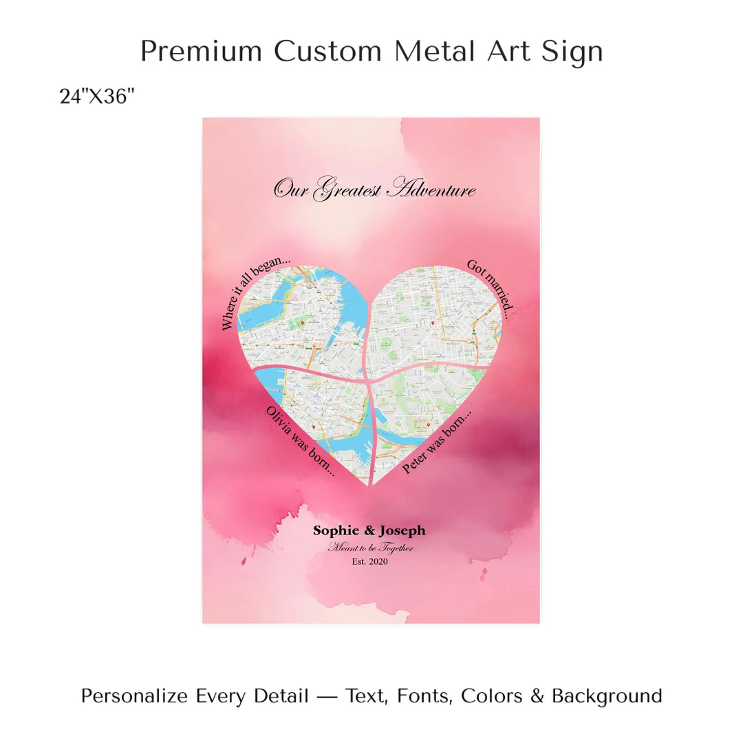 Personalized heart map print showing four meaningful locations with custom title, labels, names, and date - 24x36 metal art sign-ARTFULANE
