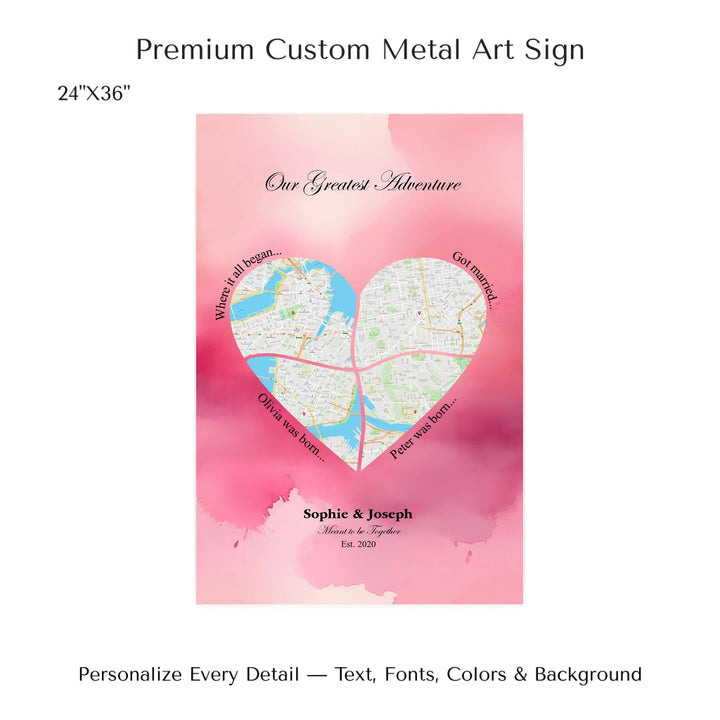 Personalized heart map print showing four meaningful locations with custom title, labels, names, and date - 24x36 metal art sign-ARTFULANE