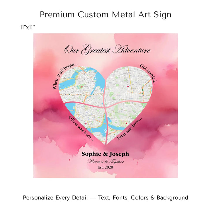 Personalized heart map print showing four meaningful locations with custom title, labels, names, and date - 11x11 metal art sign-ARTFULANE