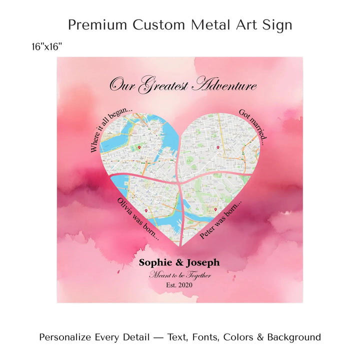 Personalized heart map print showing four meaningful locations with custom title, labels, names, and date - 16x16 metal art sign-ARTFULANE