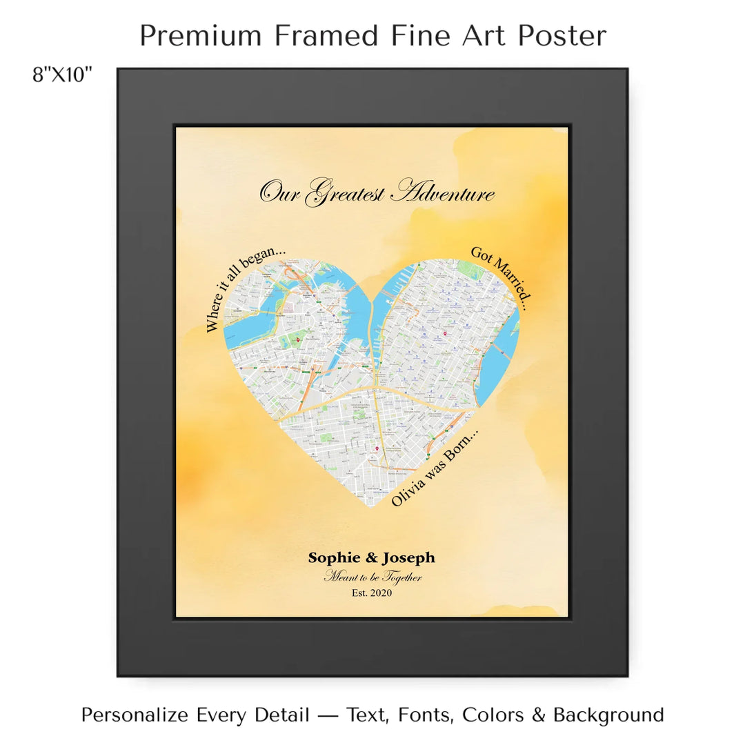 Personalized heart map print showing three meaningful locations with custom title, labels, names, and date - 8x10 framed poster-ARTFULANE
