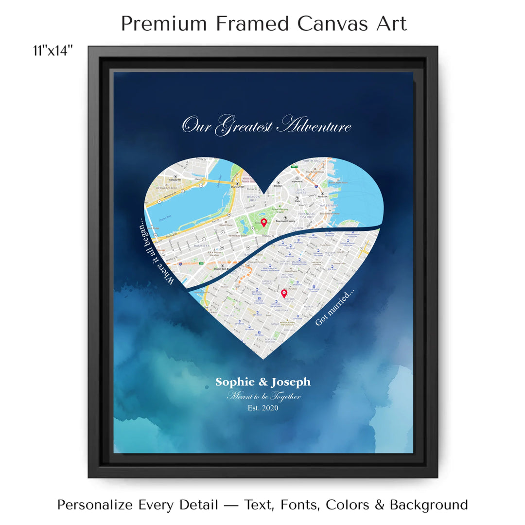Custom Heart-Shaped Two Location Map Wall Art -11x14 framed canvas-ARTFULANE