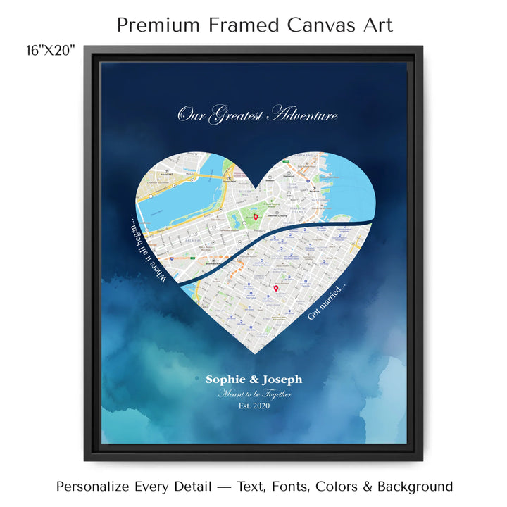 Custom Heart-Shaped Two Location Map Wall Art -16x20 framed canvas-ARTFULANE