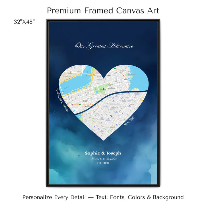 Custom Heart-Shaped Two Location Map Wall Art -32x48 framed canvas-ARTFULANE