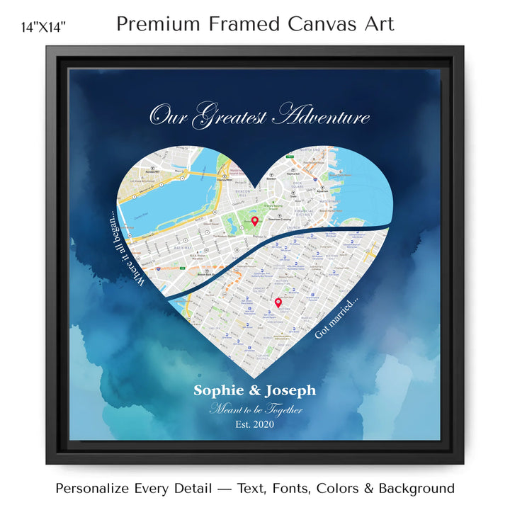 Custom Heart-Shaped Two Location Map Wall Art -14x14 framed canvas-ARTFULANE