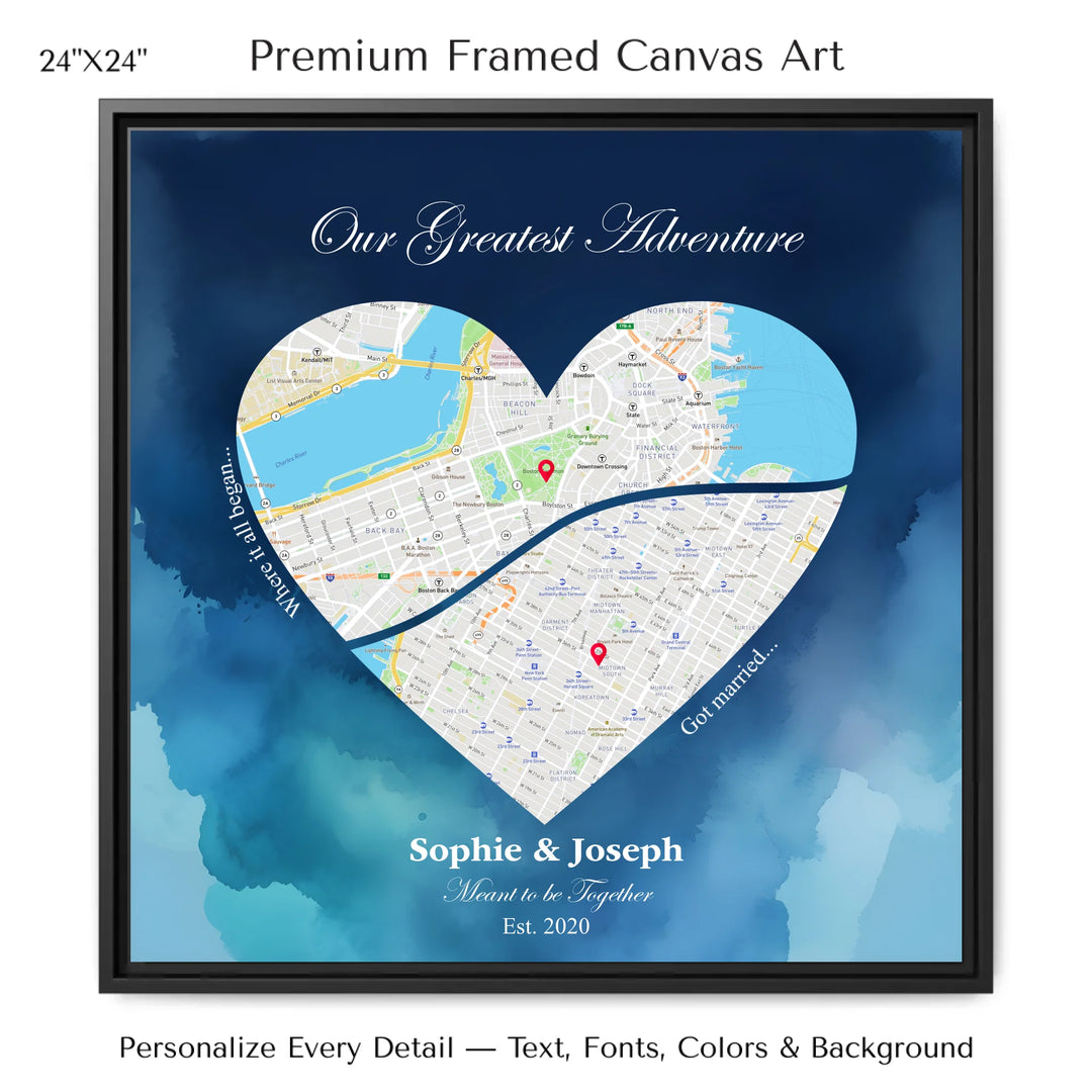Custom Heart-Shaped Two Location Map Wall Art -24x24 framed canvas-ARTFULANE