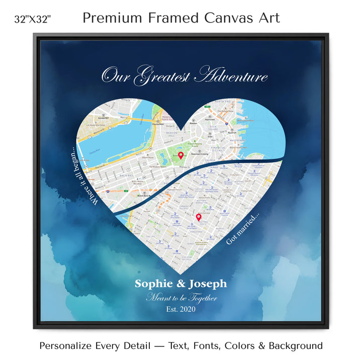 Custom Heart-Shaped Two Location Map Wall Art -32x32 framed canvas-ARTFULANE