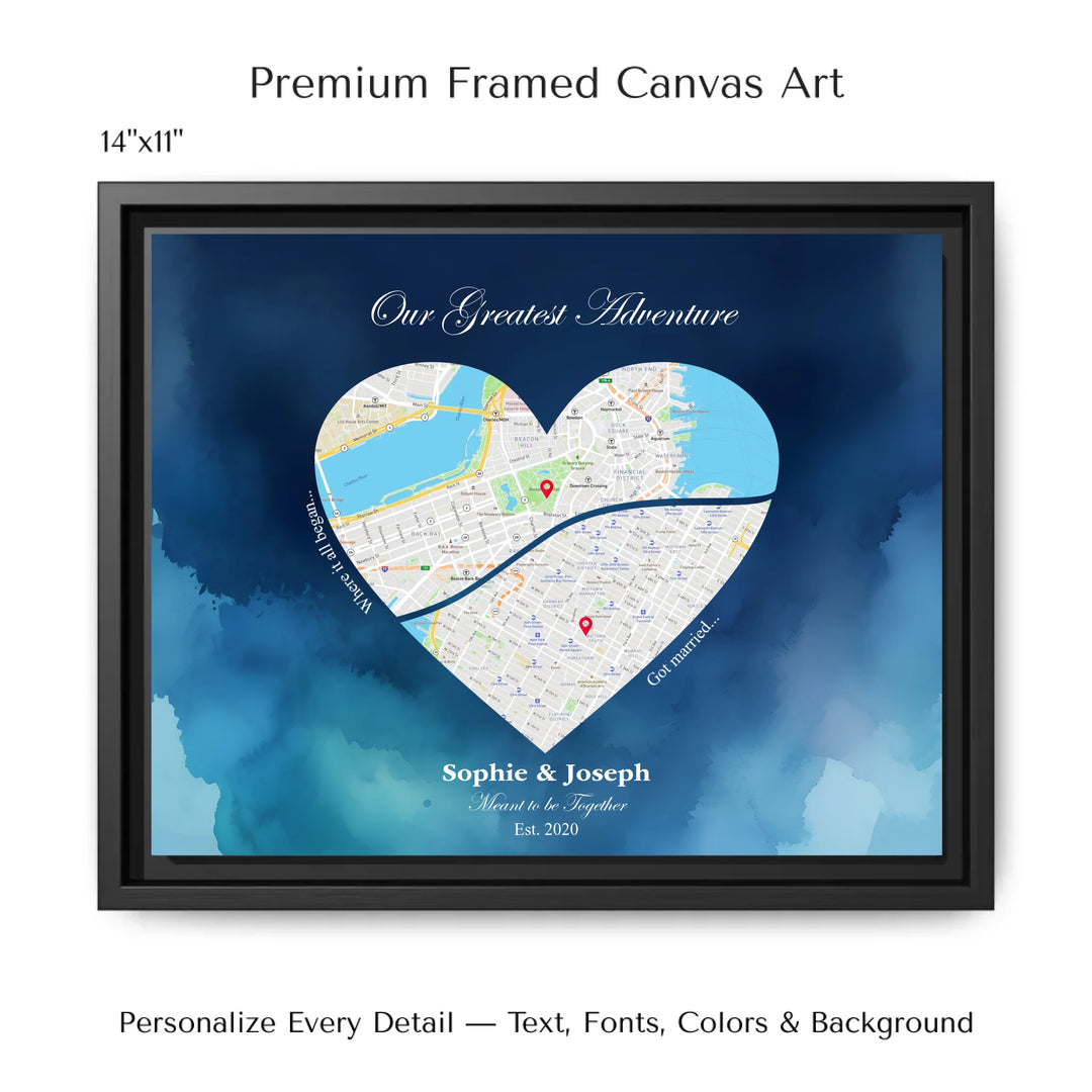 Custom Heart Shaped Two Location Map Wall Art - 14x11 framed canvas-ARTFULANE