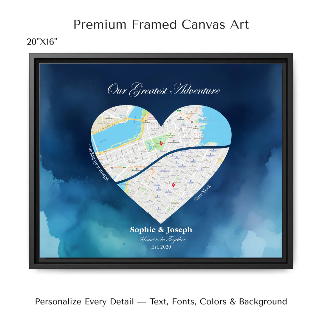 Custom Heart Shaped Two Location Map Wall Art - 20x16 framed canvas-ARTFULANE