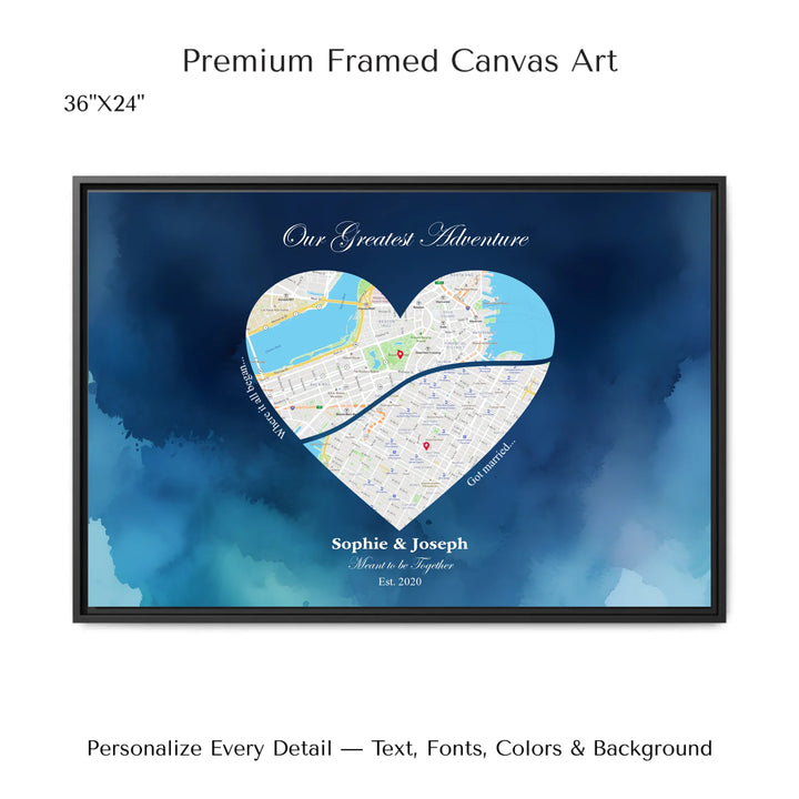 Custom Heart Shaped Two Location Map Wall Art - 36x24 framed canvas-ARTFULANE