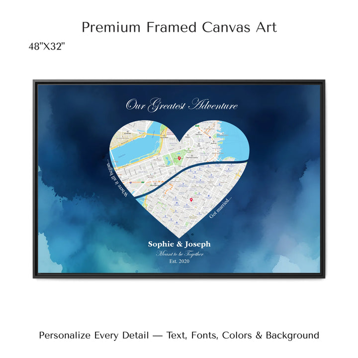 Custom Heart Shaped Two Location Map Wall Art - 48x32 framed canvas-ARTFULANE