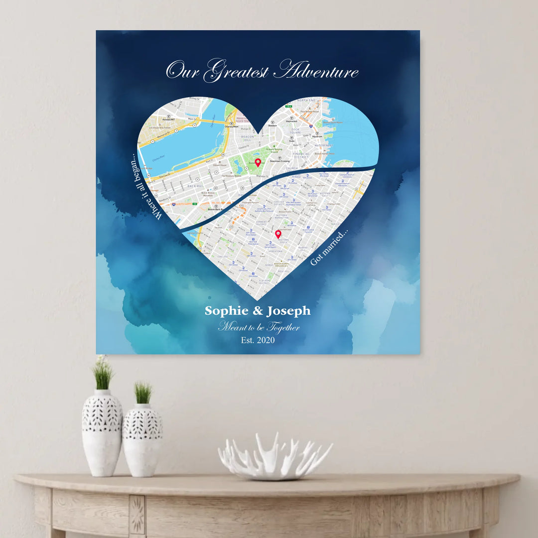 Custom Heart-Shaped Two Location Map Wall Art -unframed canvas on wall-ARTFULANE
