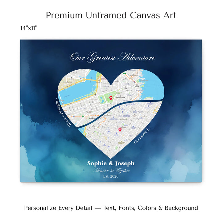 Custom Heart-Shaped Two Location Map Wall Art -14x11 stretched canvas-ARTFULANE