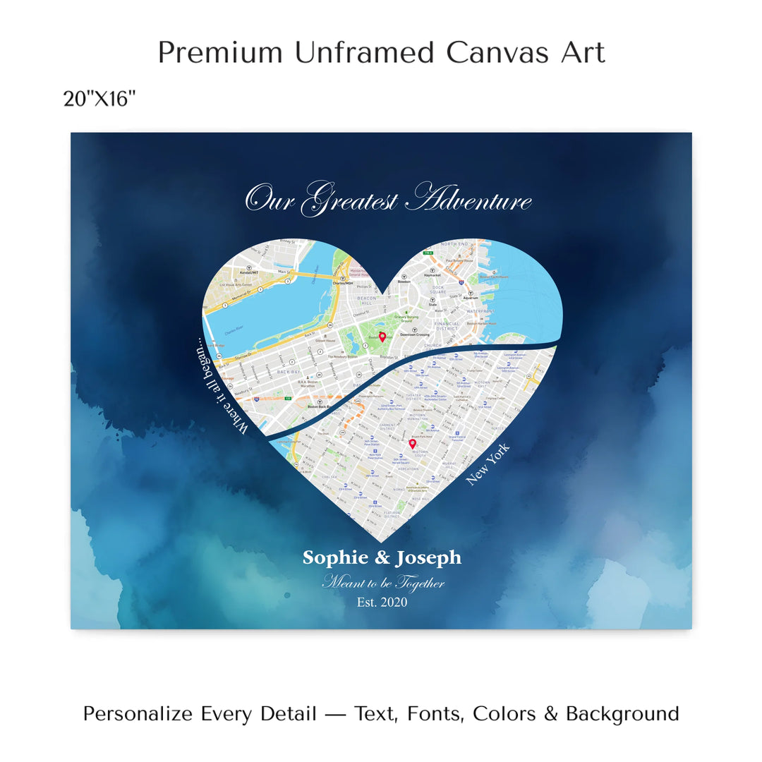Custom Heart-Shaped Two Location Map Wall Art -20x16 stretched canvas-ARTFULANE