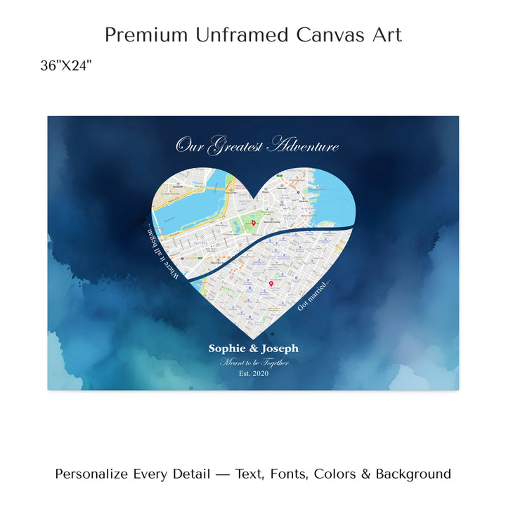 Custom Heart-Shaped Two Location Map Wall Art -36x24 stretched canvas-ARTFULANE