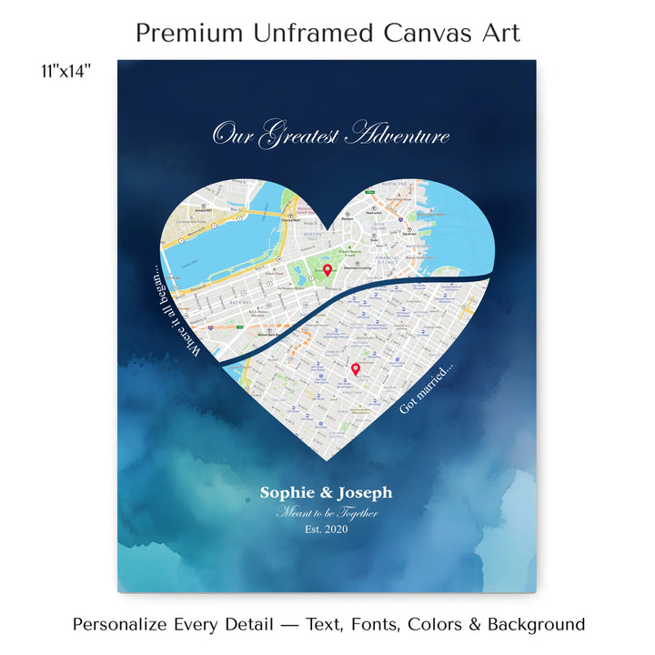Custom Heart-Shaped Two Location Map Wall Art -11x14 stretched canvas-ARTFULANE