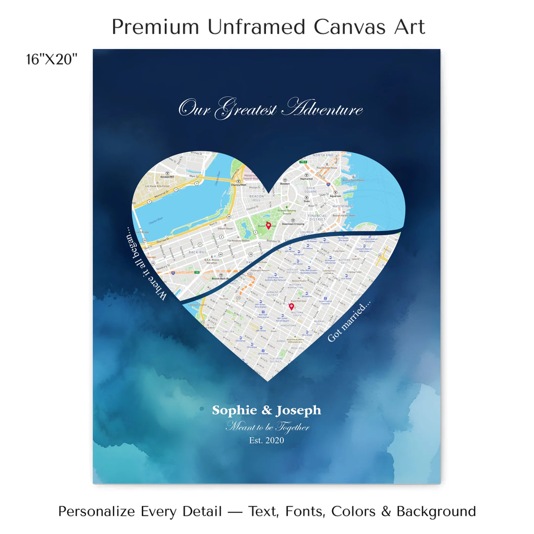 Custom Heart-Shaped Two Location Map Wall Art -16x20 stretched canvas-ARTFULANE