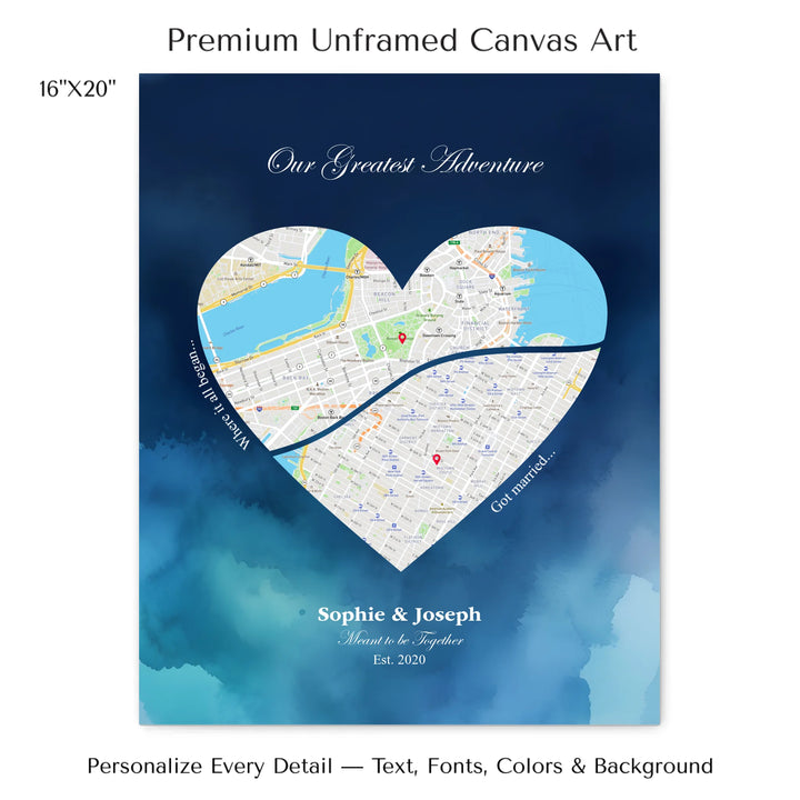 Custom Heart-Shaped Two Location Map Wall Art -16x20 stretched canvas-ARTFULANE