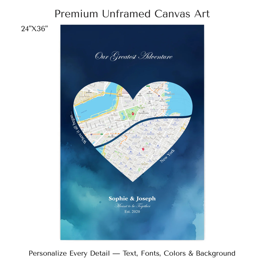 Custom Heart-Shaped Two Location Map Wall Art -24x36 stretched canvas-ARTFULANE