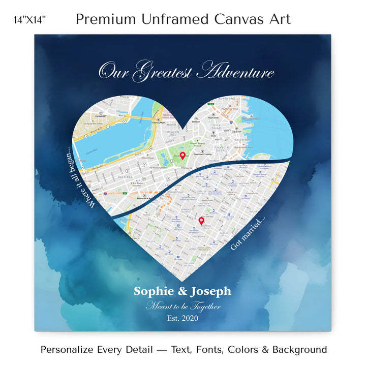 Custom Heart-Shaped Two Location Map Wall Art -14x14 stretched canvas-ARTFULANE