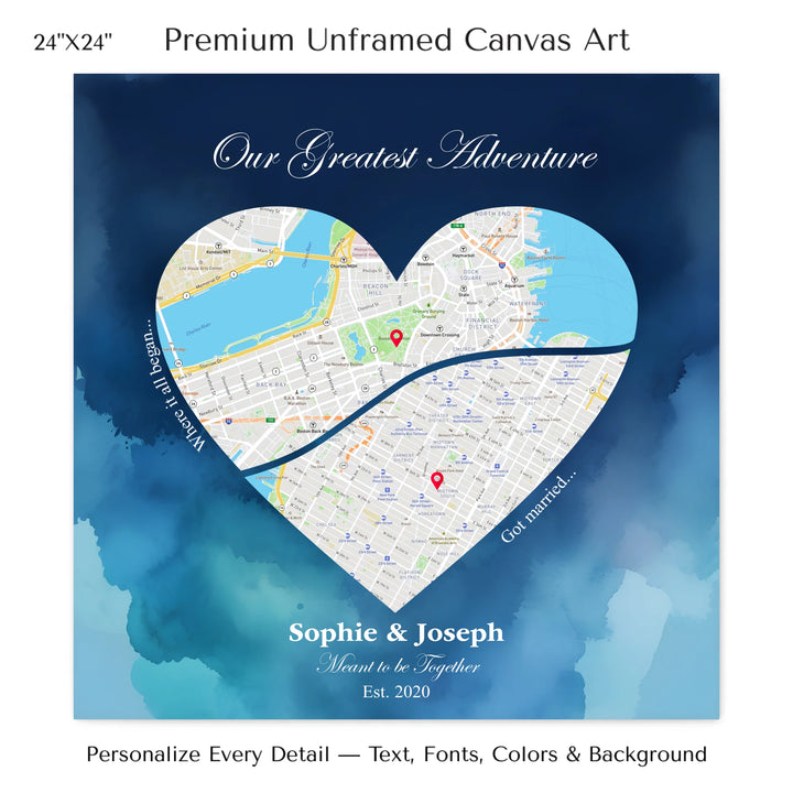 Custom Heart-Shaped Two Location Map Wall Art -24x24 stretched canvas-ARTFULANE