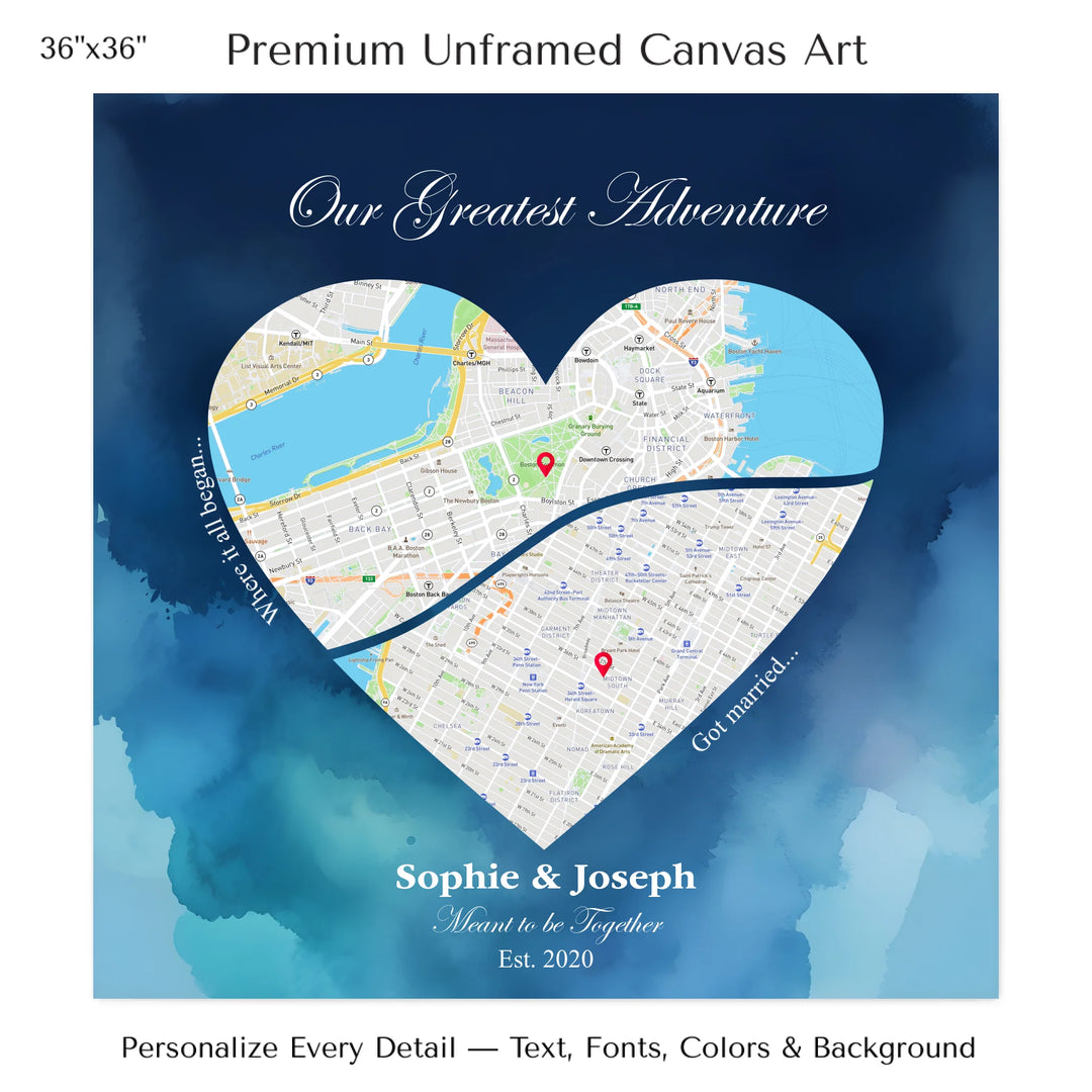 Custom Heart-Shaped Two Location Map Wall Art -36x36 stretched canvas-ARTFULANE