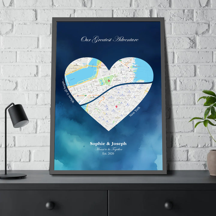 Custom Heart-Shaped Two Location Map Wall Art - framed poster on table-ARTFULANE
