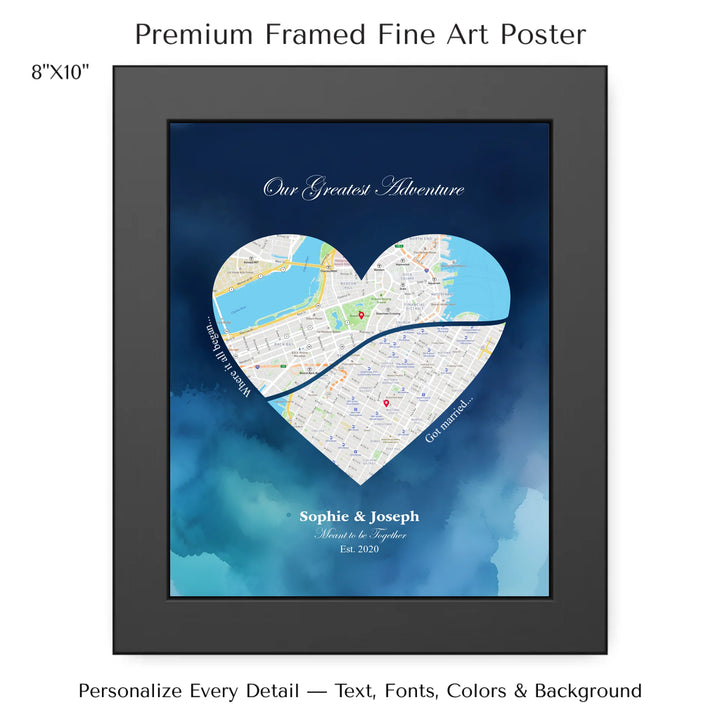 Custom Heart-Shaped Two Location Map Wall Art -8x10 framed poster-ARTFULANE