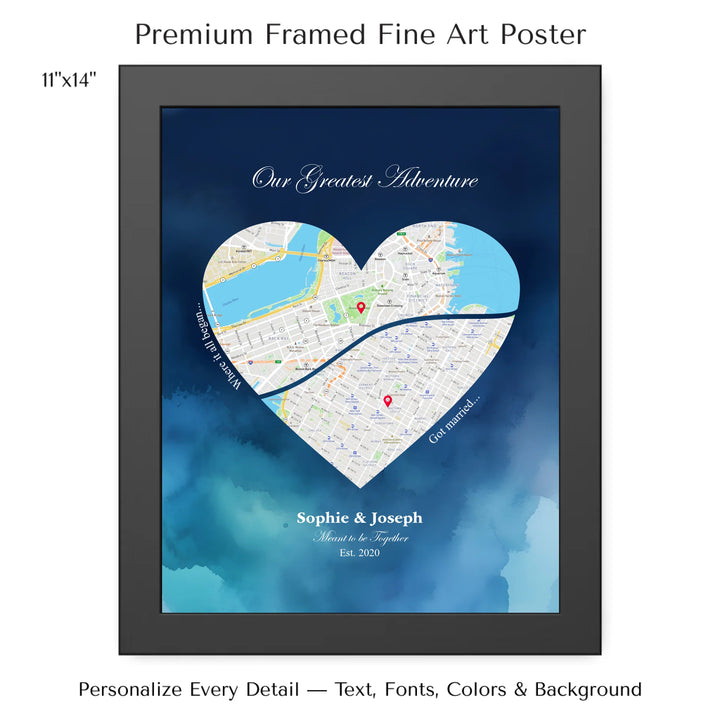 Custom Heart-Shaped Two Location Map Wall Art -11x14 framed poster-ARTFULANE