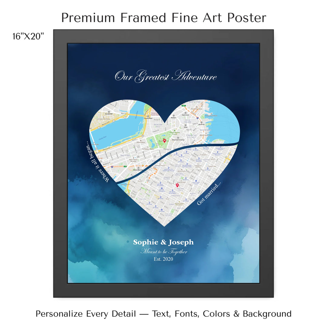 Custom Heart-Shaped Two Location Map Wall Art -16x20 framed poster-ARTFULANE