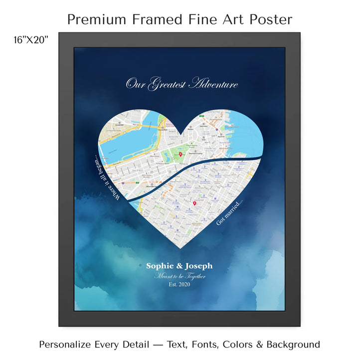Custom Heart-Shaped Two Location Map Wall Art -16x20 framed poster-ARTFULANE