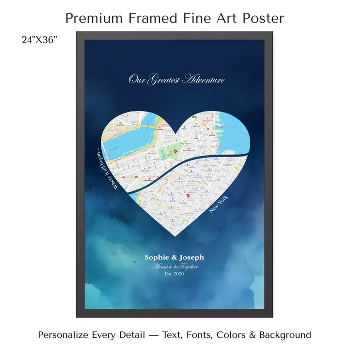Custom Heart-Shaped Two Location Map Wall Art -24x36 framed poster-ARTFULANE