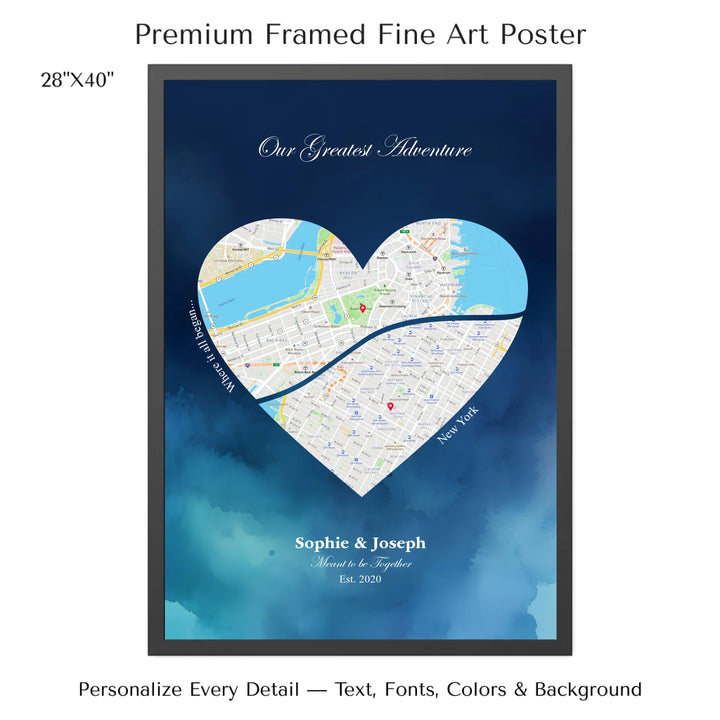 Custom Heart-Shaped Two Location Map Wall Art -28x40 framed poster-ARTFULANE
