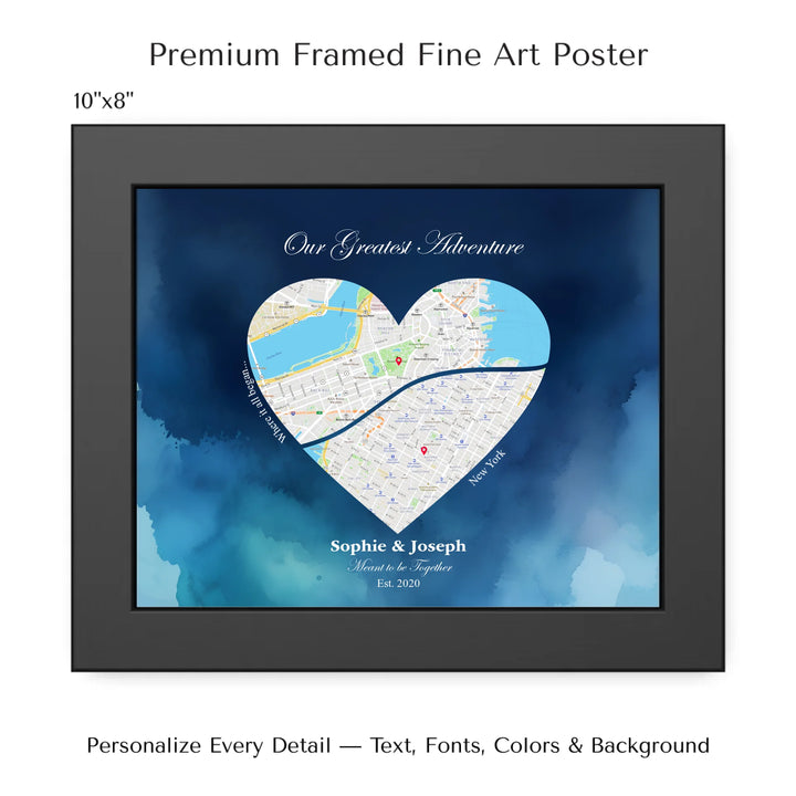 Custom Heart-Shaped Two Location Map Wall Art -10x8 framed poster-ARTFULANE