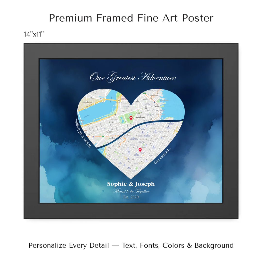 Custom Heart-Shaped Two Location Map Wall Art -14x11 framed poster-ARTFULANE
