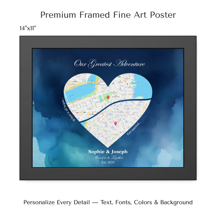 Custom Heart-Shaped Two Location Map Wall Art -14x11 framed poster-ARTFULANE