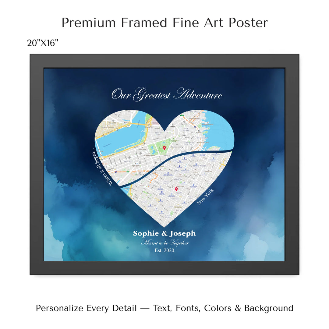 Custom Heart-Shaped Two Location Map Wall Art -20x16 framed poster-ARTFULANE