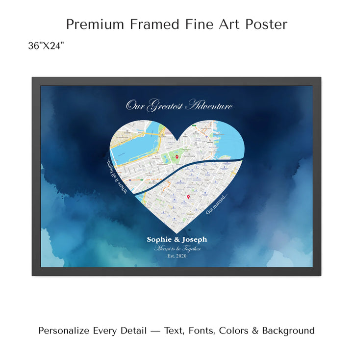 Custom Heart-Shaped Two Location Map Wall Art -36x24 framed poster-ARTFULANE