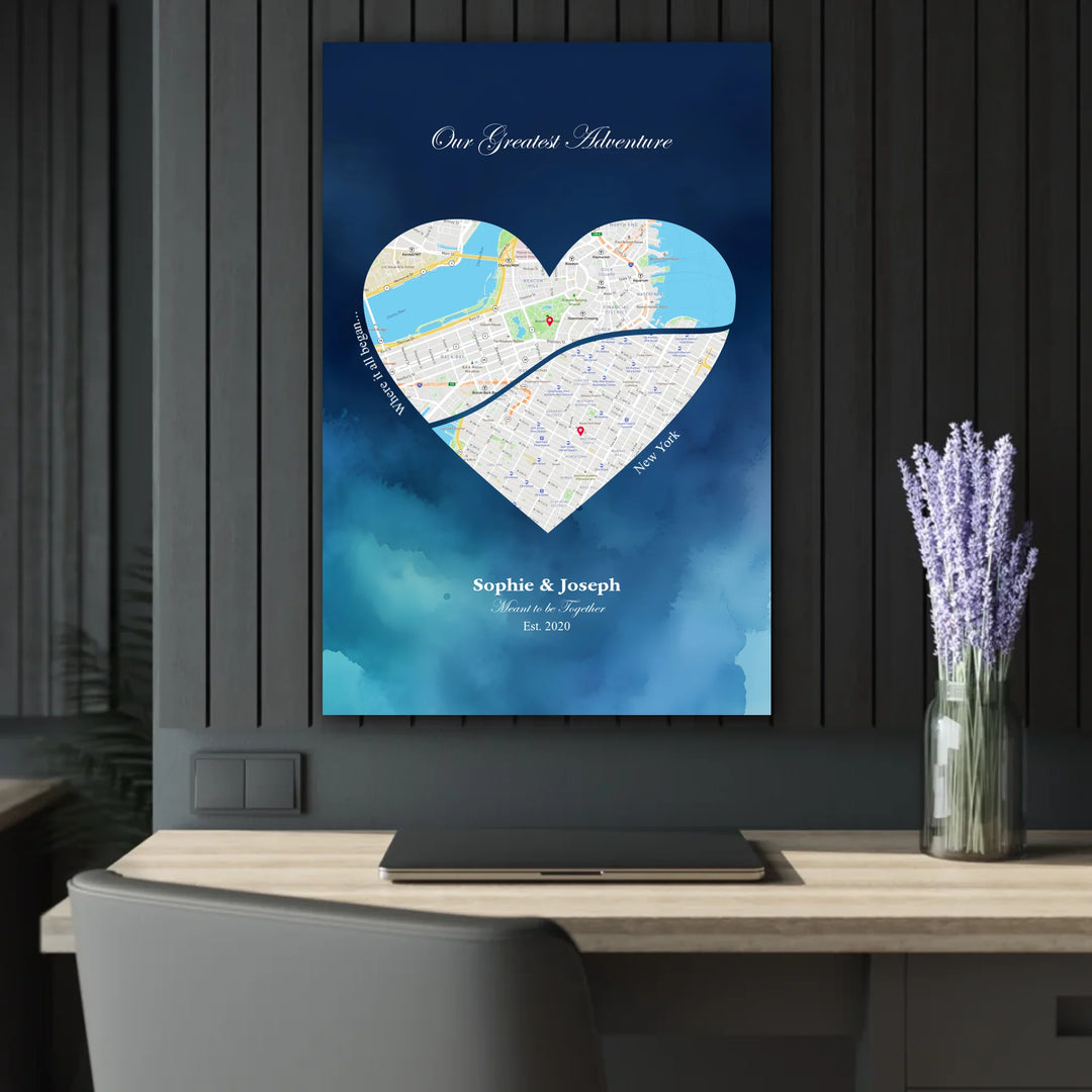 Custom Heart-Shaped Two Location Map Wall Art -24x36 acrylic print french with cleat context-ARTFULANE