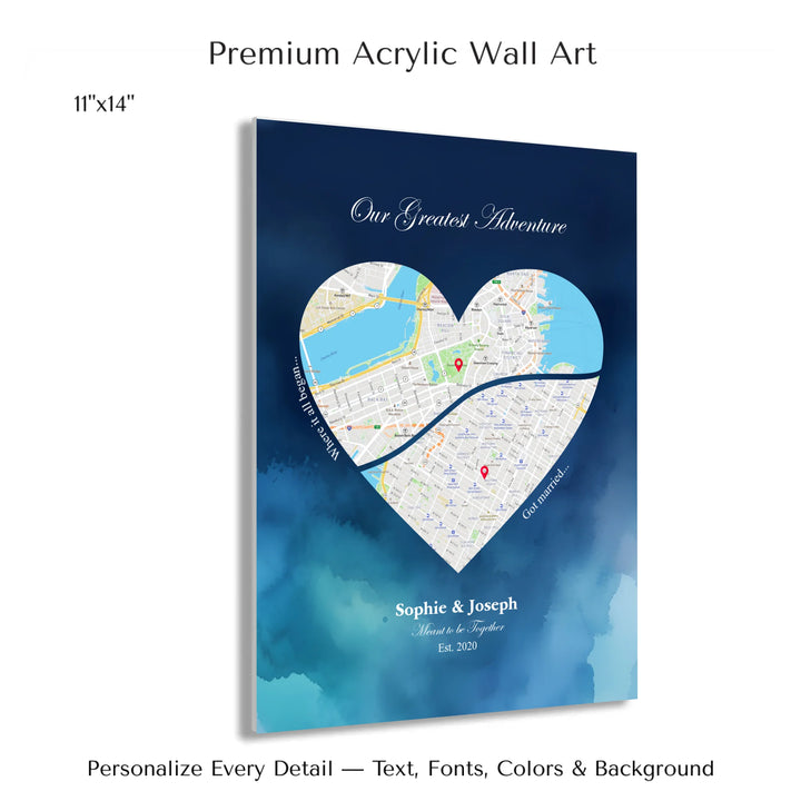 Custom Heart-Shaped Two Location Map Wall Art -11x14 acrylic print with french cleat-ARTFULANE