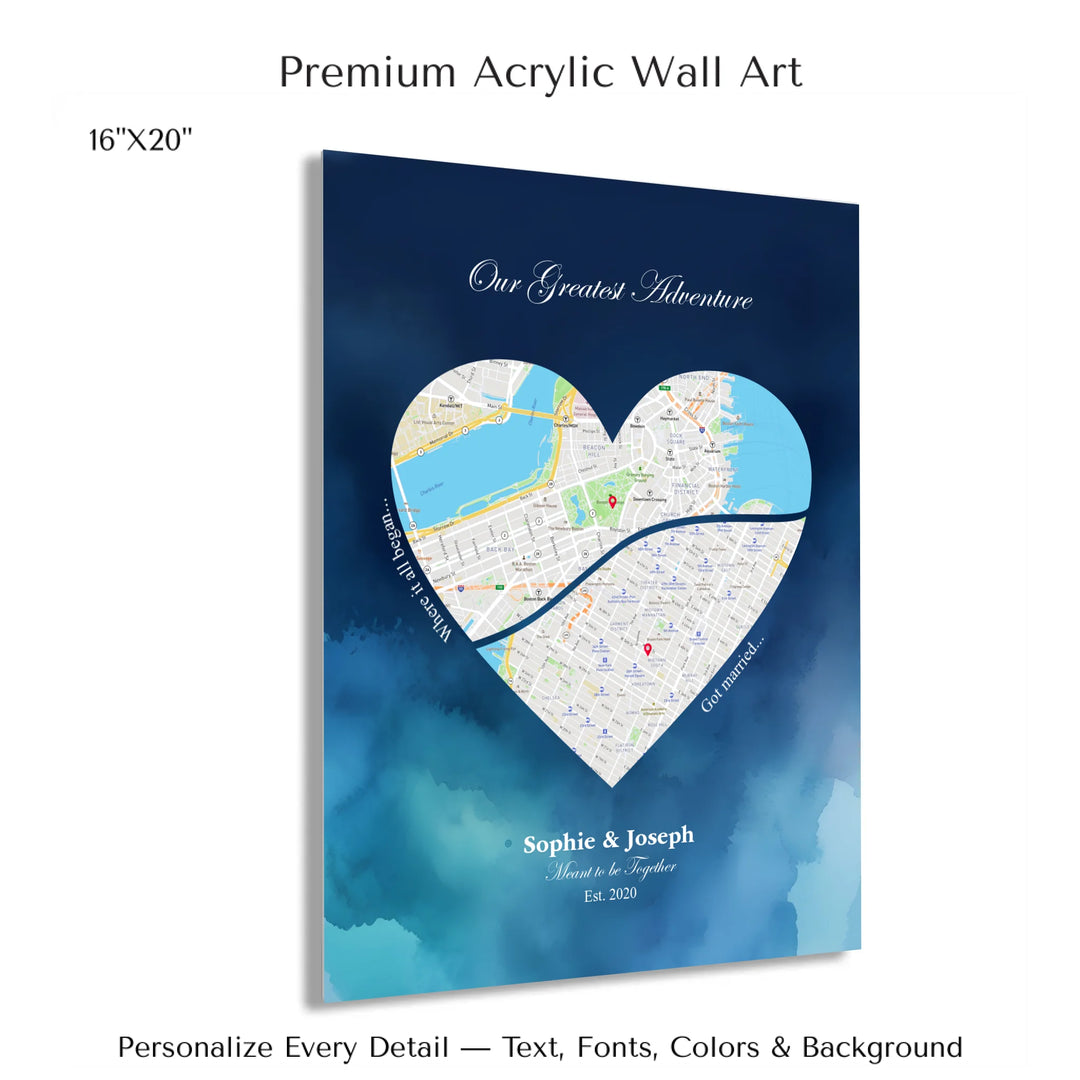Custom Heart-Shaped Two Location Map Wall Art -16x20 acrylic print with french cleat-ARTFULANE