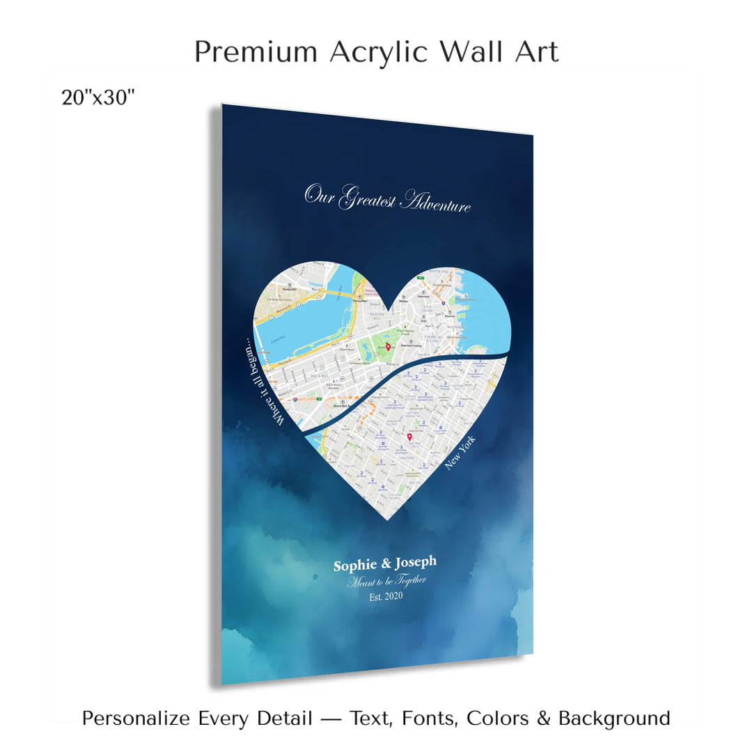 Custom Heart-Shaped Two Location Map Wall Art -20x30 acrylic print with french cleat-ARTFULANE