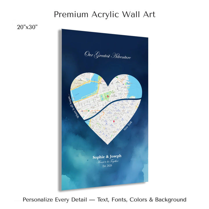 Custom Heart-Shaped Two Location Map Wall Art -20x30 acrylic print with french cleat-ARTFULANE