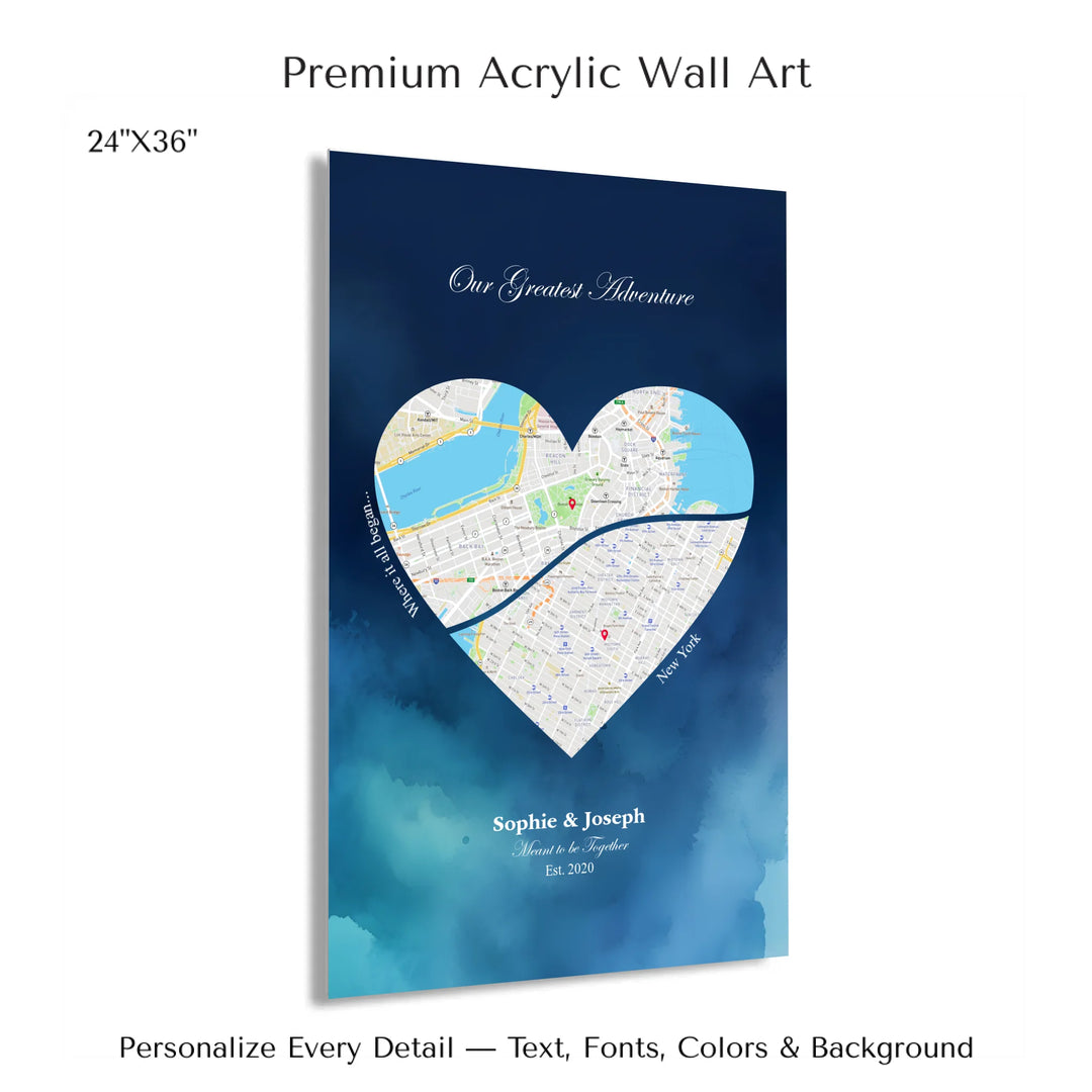Custom Heart-Shaped Two Location Map Wall Art -24x36 acrylic print with french cleat-ARTFULANE