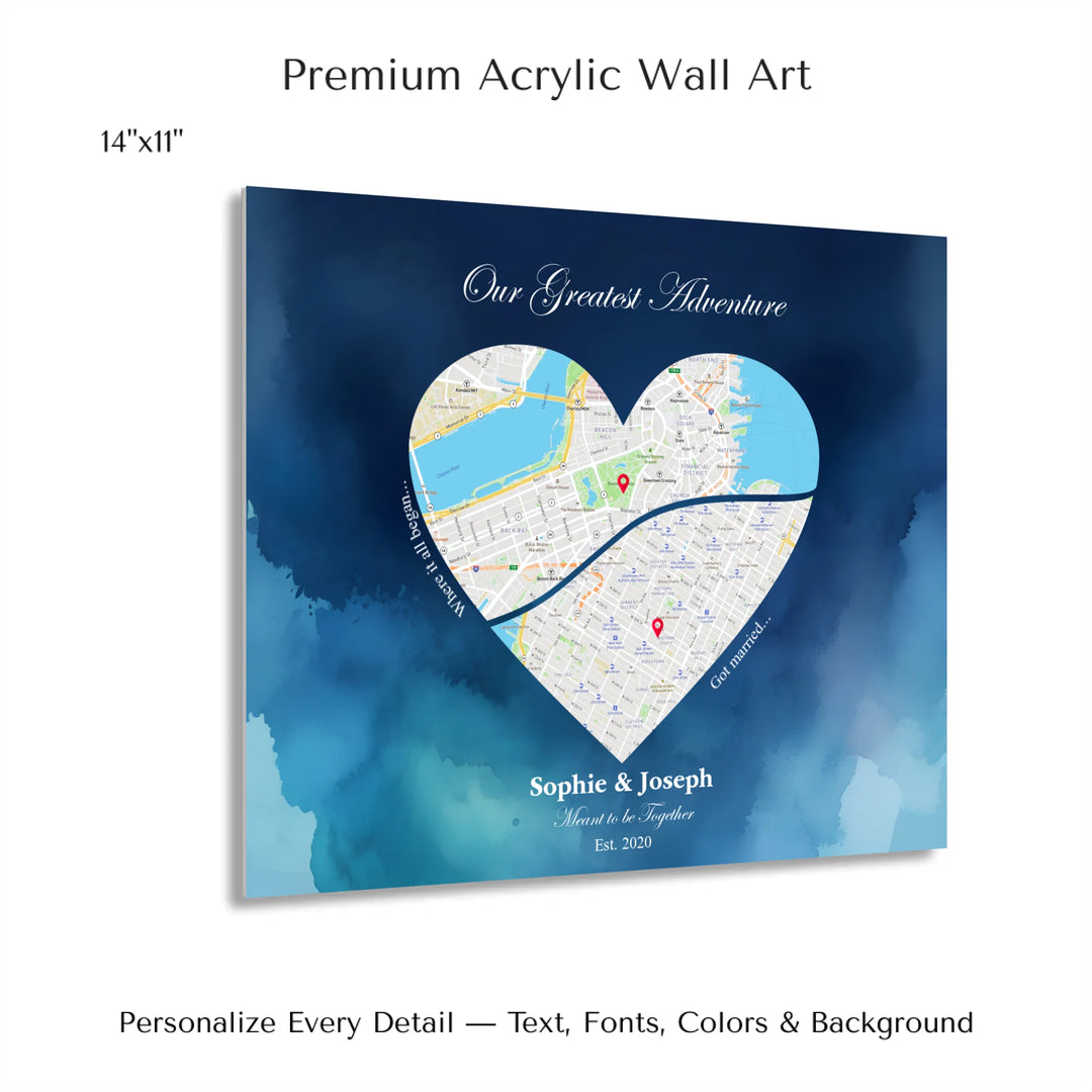 Custom Heart-Shaped Two Location Map Wall Art -14x11 acrylic print with french cleat-ARTFULANE