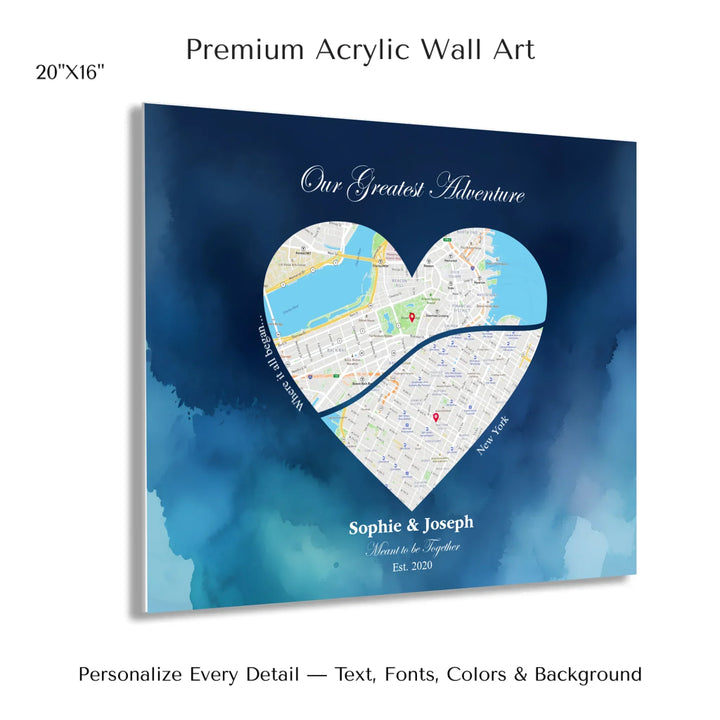 Custom Heart-Shaped Two Location Map Wall Art -20x16 acrylic print with french cleat-ARTFULANE