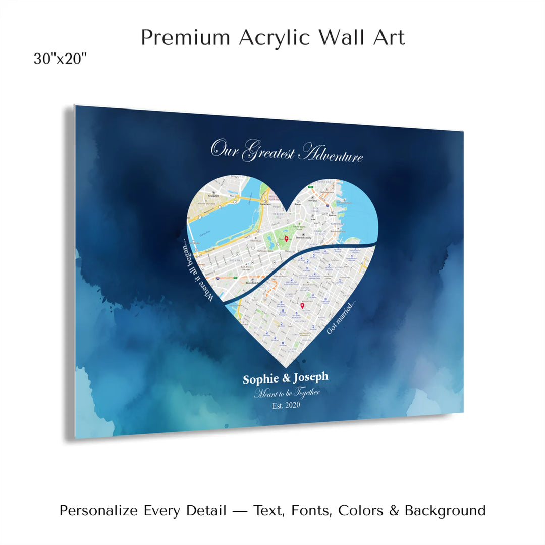 Custom Heart-Shaped Two Location Map Wall Art -30x20 acrylic print with french cleat-ARTFULANE