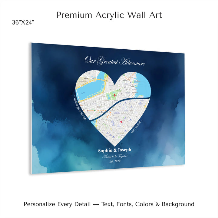 Custom Heart-Shaped Two Location Map Wall Art -36x24 acrylic print with french cleat-ARTFULANE