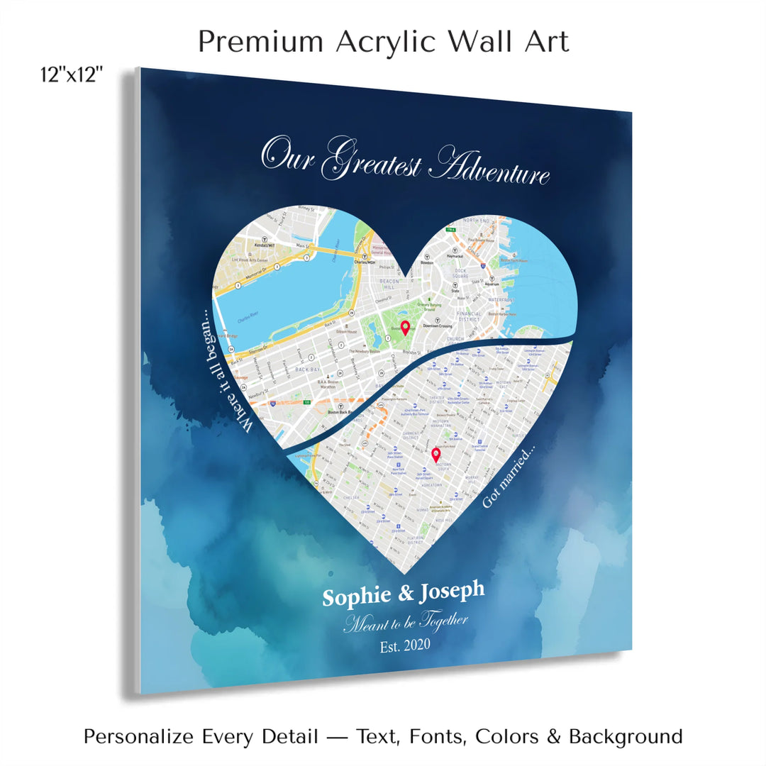 Custom Heart-Shaped Two Location Map Wall Art -12x12 acrylic print with french cleat-ARTFULANE