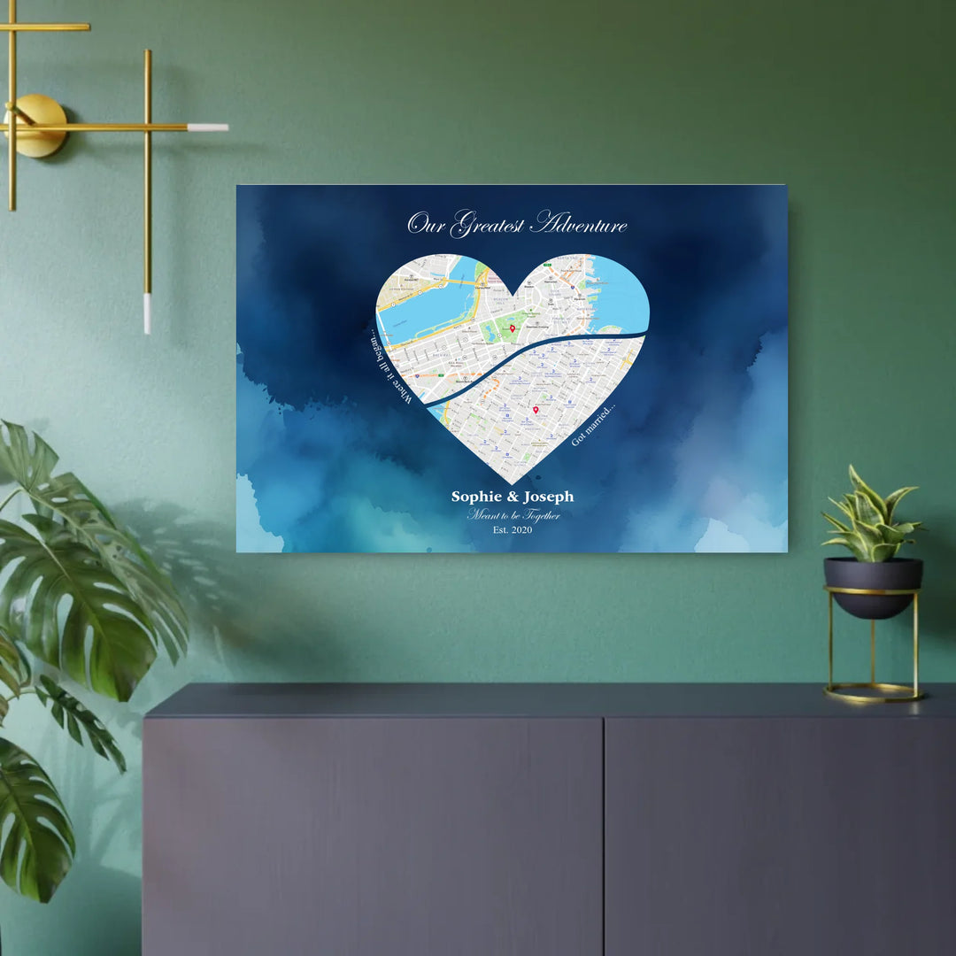 Custom Heart-Shaped Two Location Map Wall Art -36x24 metal art sign on wall-ARTFULANE